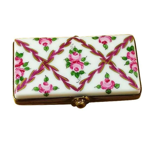 Flat Rectangle - Burgundy Stripes And Flowers Limoges Box by Rochard™