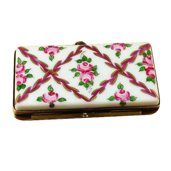Flat Rectangle - Burgundy Stripes And Flowers Limoges Box by Rochard™