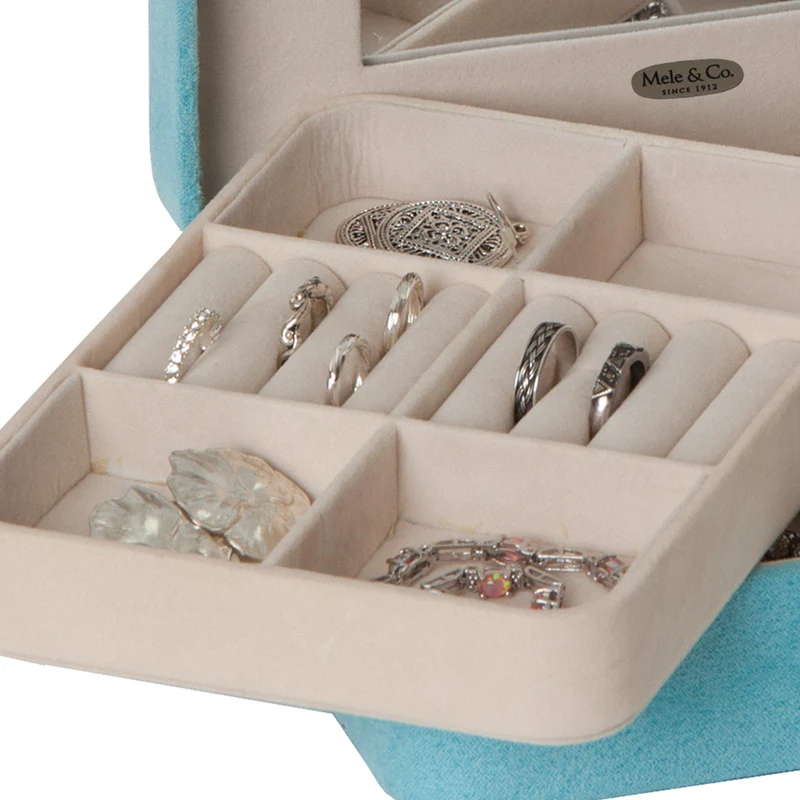 Giana - Plush Fabric Jewelry Box with Lift Out Tray in Aqua