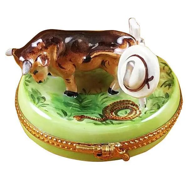 Bull With Hat On Fence Limoges Box by Rochard™