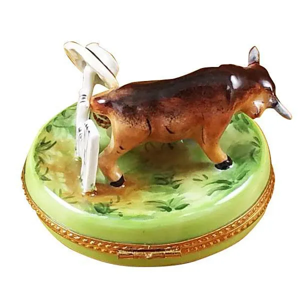 Bull With Hat On Fence Limoges Box by Rochard™