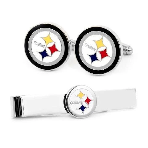 Silver Pittsburgh Steelers Cufflinks and Tie Bar Gift Set