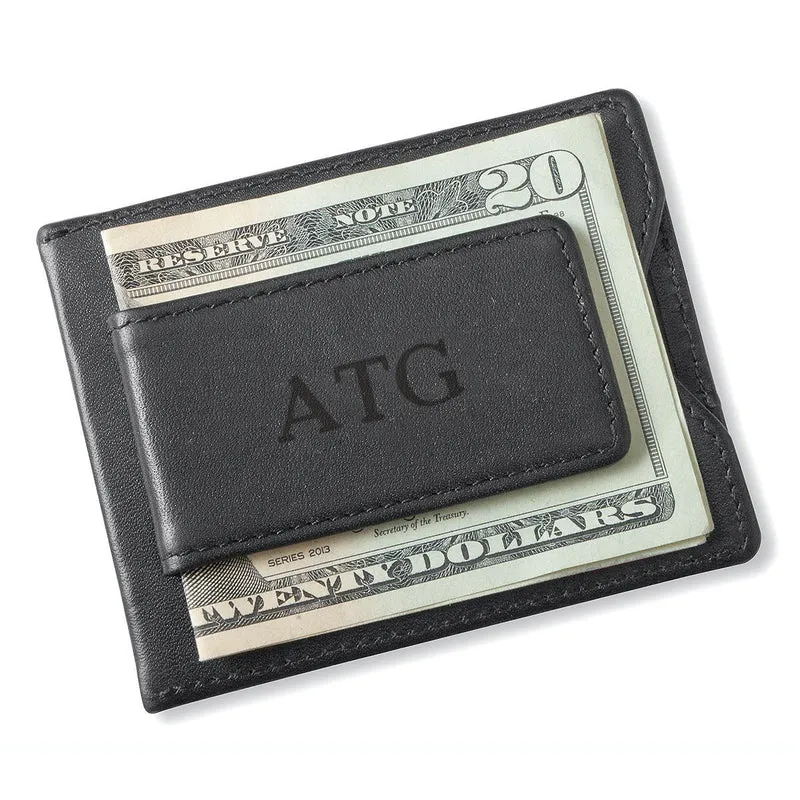 Black Leather Magnetic Wallet & Money Clip - Personalized