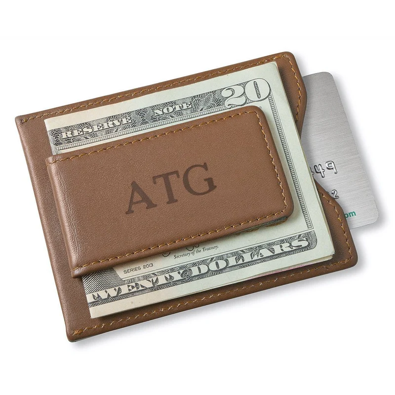 Brown Leather Magnetic Wallet & Money Clip - Personalized