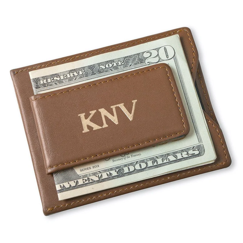 Brown Leather Magnetic Wallet & Money Clip - Personalized