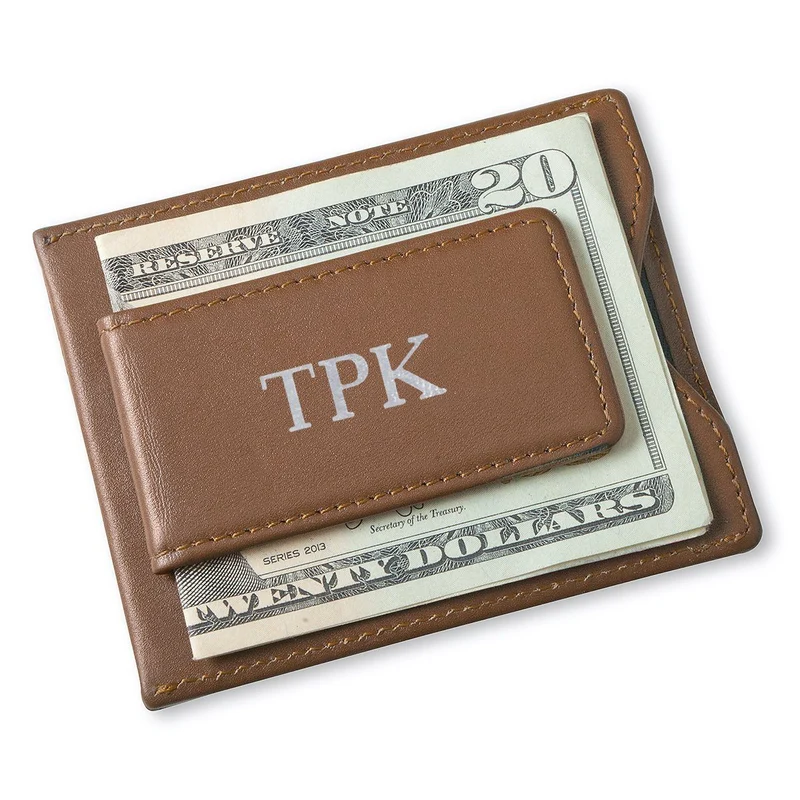 Brown Leather Magnetic Wallet & Money Clip - Personalized