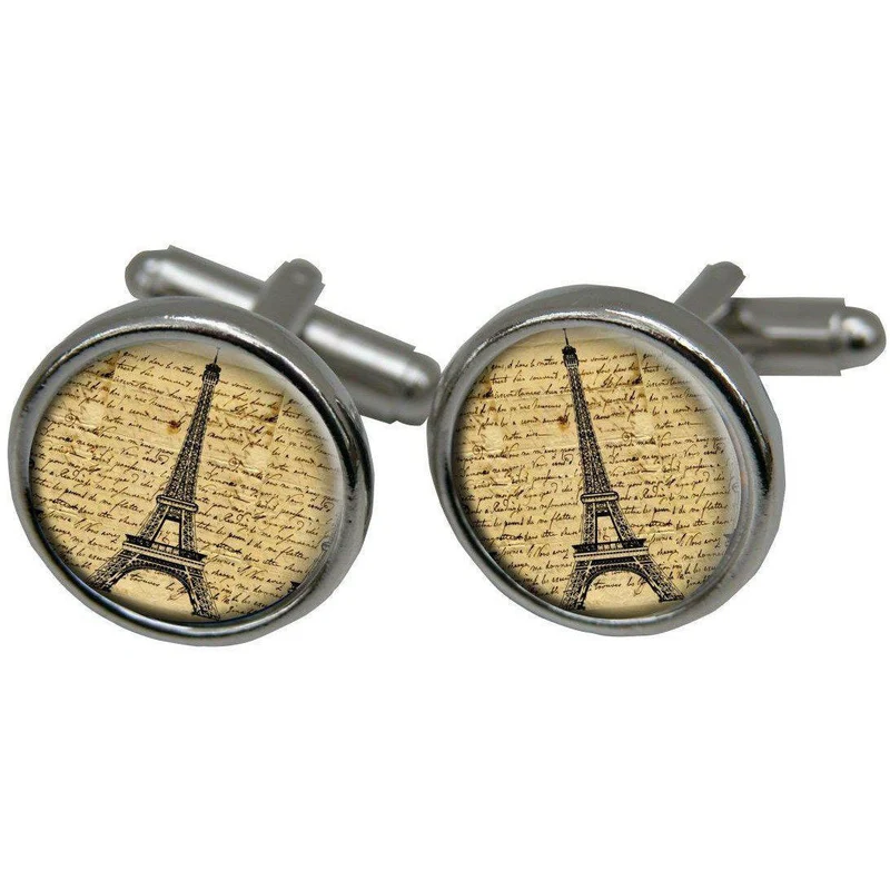 Round Silver Cufflinks with Eiffel Tower Image