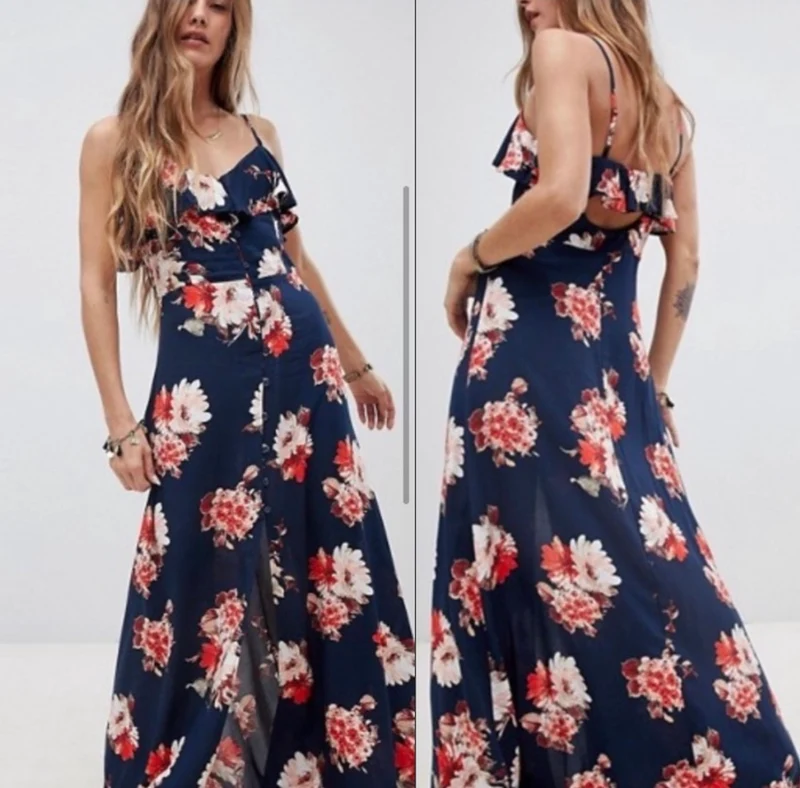 Button front floral boho maxi dress
