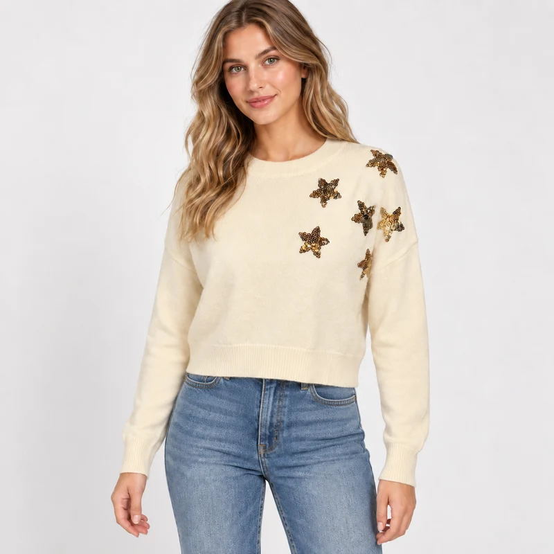 Forever 21 cozy soft sequin star sweater cream knit crop pullover