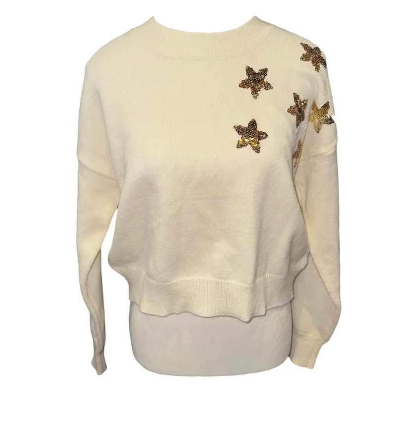 Forever 21 cozy soft sequin star sweater cream knit crop pullover