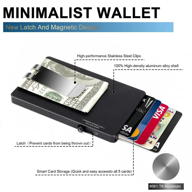 Minimalist Pop up Wallet with Money Clip, All Aluminum Slide Rfid Slim Card Holder